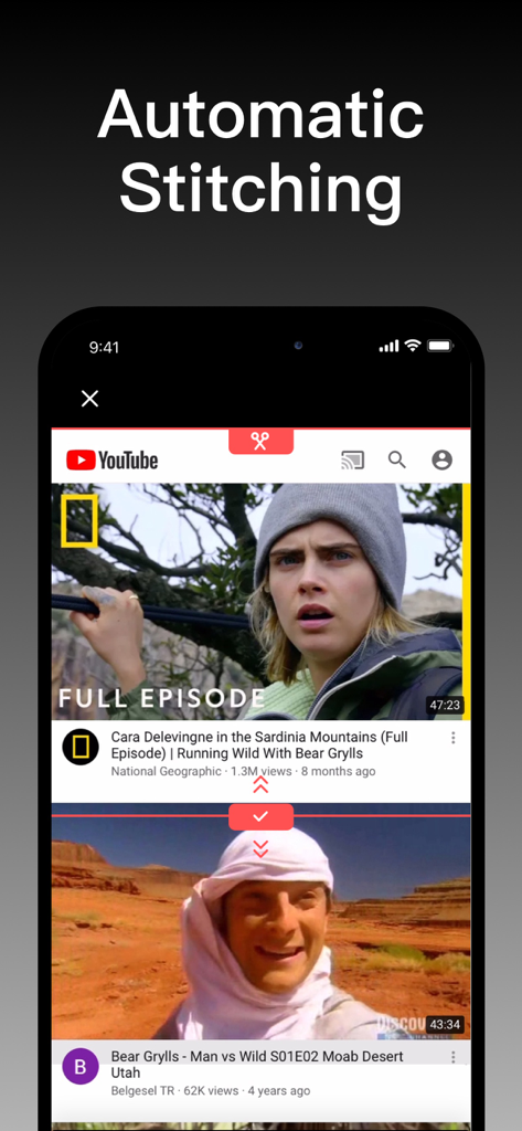 Mobile app interface demonstrating automatic screenshot stitching of video thumbnails