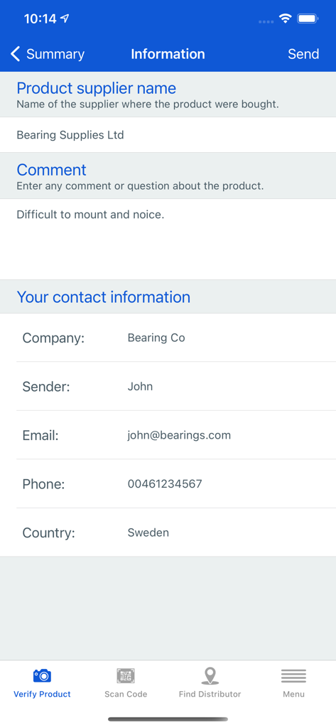 SKF Authenticate - Information form in the SKF Authenticate app for entering product supplier and user contact details during the verification process.