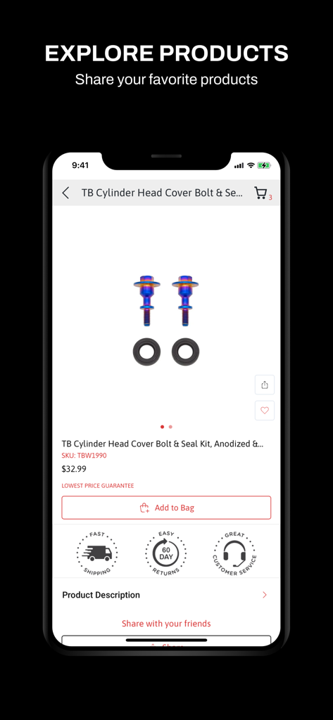 Faster-Minis - Product page for a cylinder head cover bolt and seal kit on the Faster-Minis app.