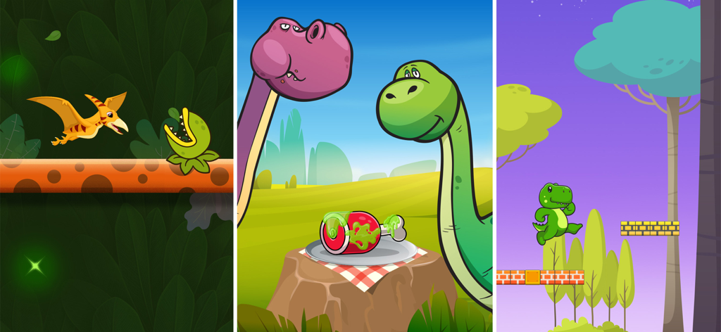 Varias pantallas de juego de una aplicación de dinosaurios para niños que muestran un juego de volar, una escena de alimentación y un nivel de plataforma