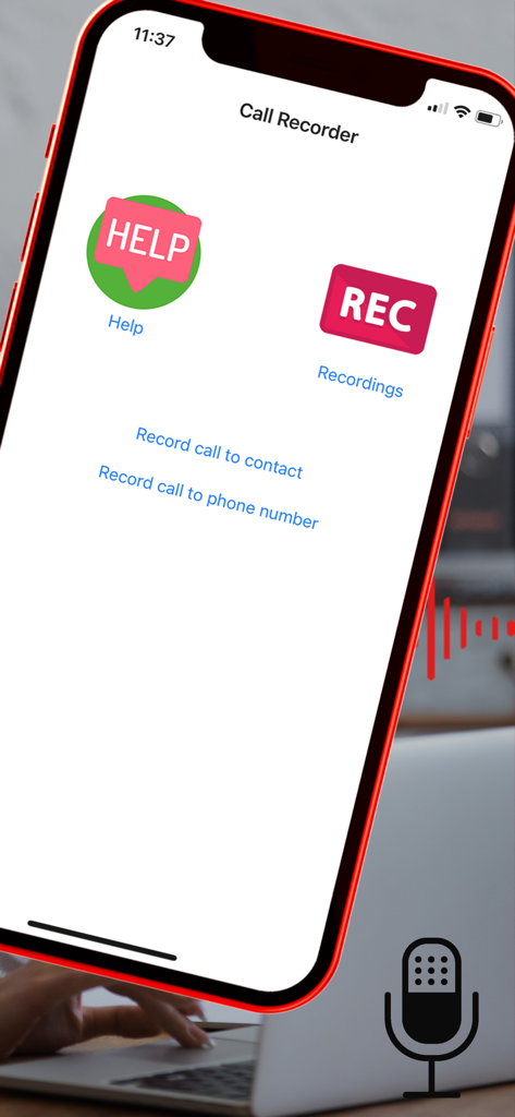 RecordACall - Call Recorder - Startbildschirm der RecordACall-App mit Optionen zur Anrufaufzeichnung auf einem iPhone