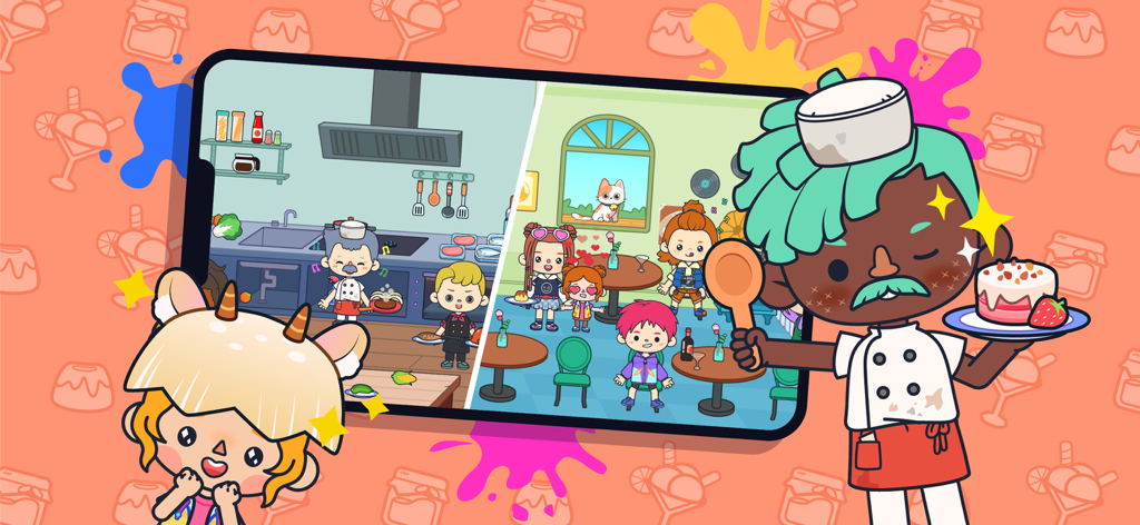 Terra World: Avatar Maker Life - Una vista de pantalla dividida de la aplicación Terra World que muestra una cocina y un restaurante con lindos personajes personalizables