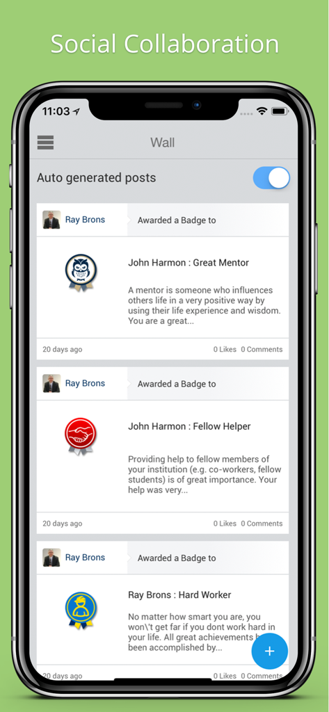 Schoox Classic - Muro social dell'app Schoox Classic che mostra riconoscimenti ai dipendenti e badge assegnati