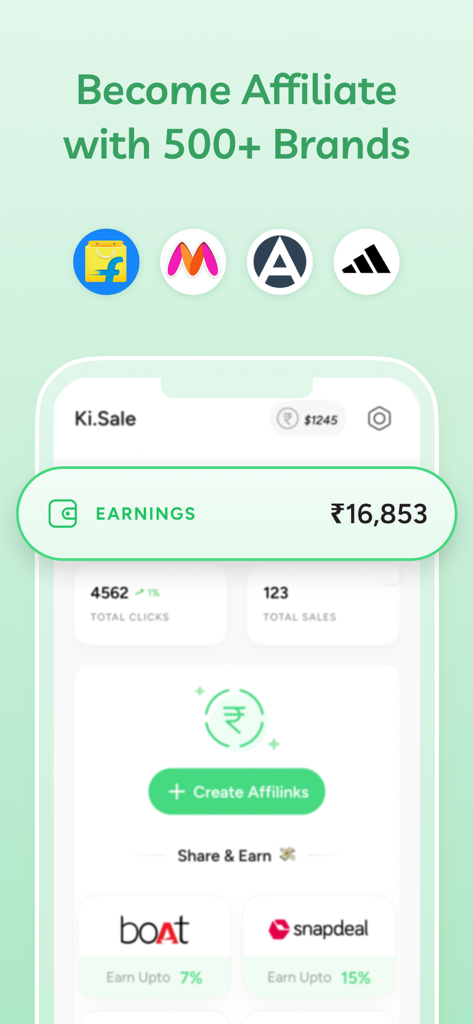 OpeninApp - Native App Opener - Interface de l'application mobile OpenInApp montrant un tableau de bord de marketing d'affiliation avec les gains, le nombre total de clics, les métriques de ventes et les logos des partenaires de marque.