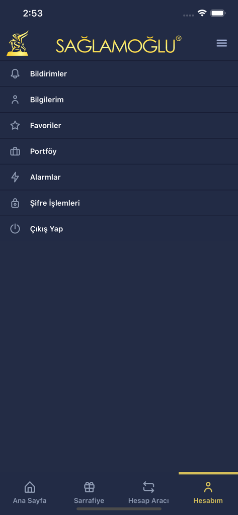 Tela do menu da conta do usuário do aplicativo Sağlamoğlu Altın mostrando opções para notificações, portfólio e alarmes.