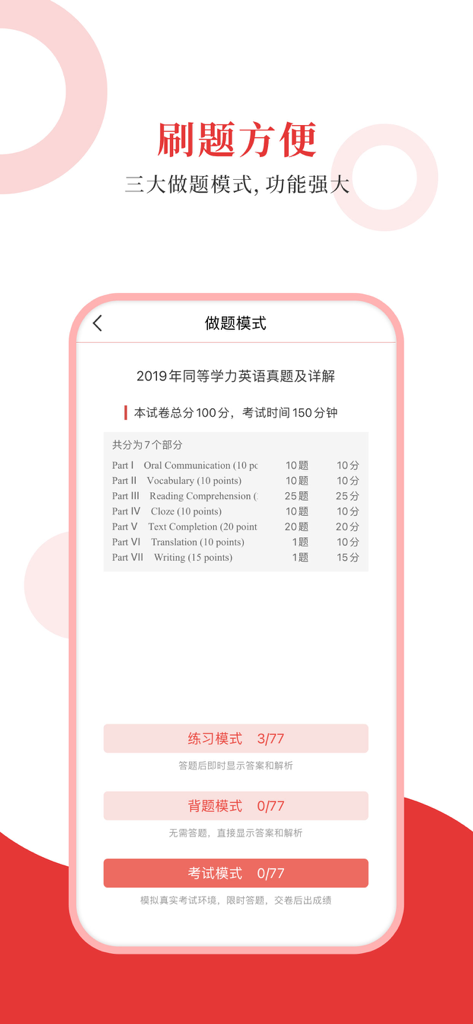 同等学力圣题库 - Mobile app screen showing three practice modes for the equivalency master degree exam including practice, memorization, and exam modes.