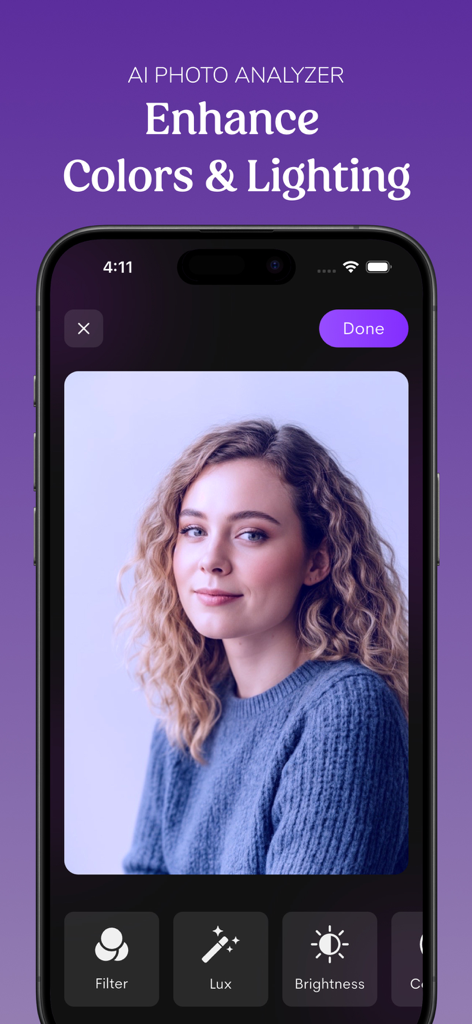 AI Photo Measure - Face Beauty - Smartphone screen showing the AI Photo Analyzer app interface for enhancing colors and lighting on a portrait.