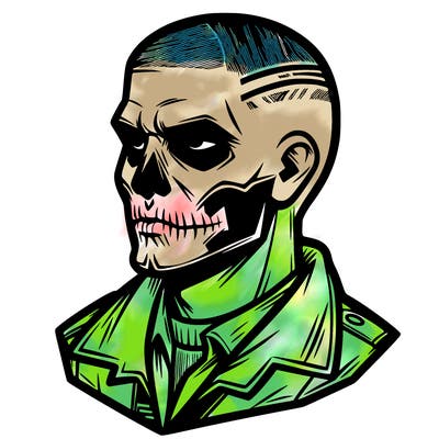 man with skull face and buzz cut