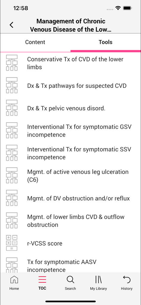 ESVS Clinical Guidelines - A list of clinical tools and treatment pathways for chronic venous disease management in the ESVS mobile app.