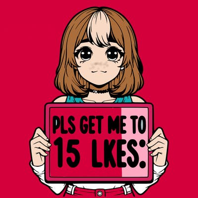 realistic girl holding up a sign that says “pls get me to 15 likes!”