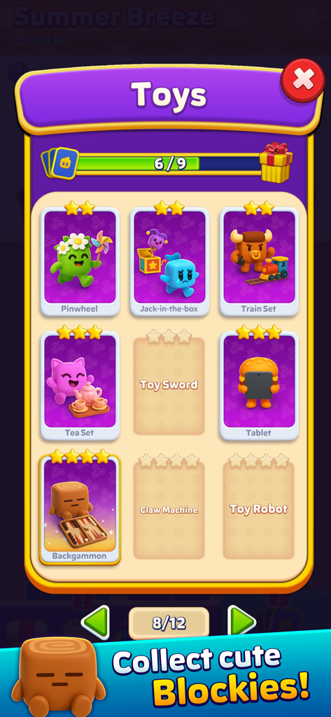 Block Jam - 3D Block Puzzle - Toys collection screen in Block Jam 3D showing various cute character cards like Pinwheel and Train Set