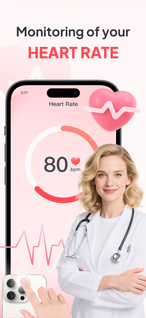 Smartphone screen showing heart rate measurement of 80 bpm with a doctor in the foreground