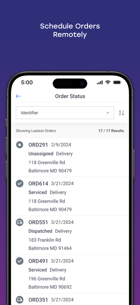 Interface of the Omnitracs Mobile Manager app showing a list of delivery orders with status updates and addresses