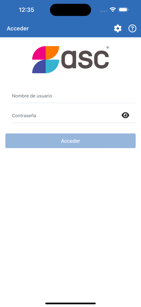 ASC Aprende - Login screen for the ASC Aprende app featuring username and password fields under the ASC logo.