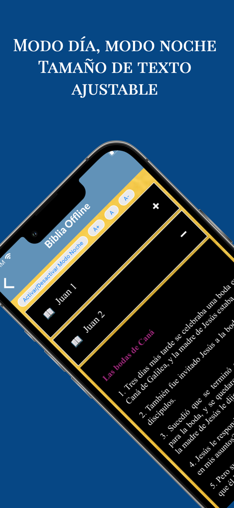 Interfaz de la aplicación de la Biblia en español que muestra el modo nocturno y los ajustes de tamaño de texto ajustables.