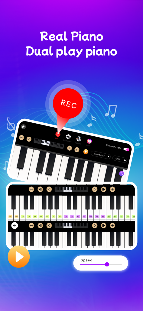 Interface do aplicativo de piano digital mostrando layout de teclado duplo e botão de gravação
