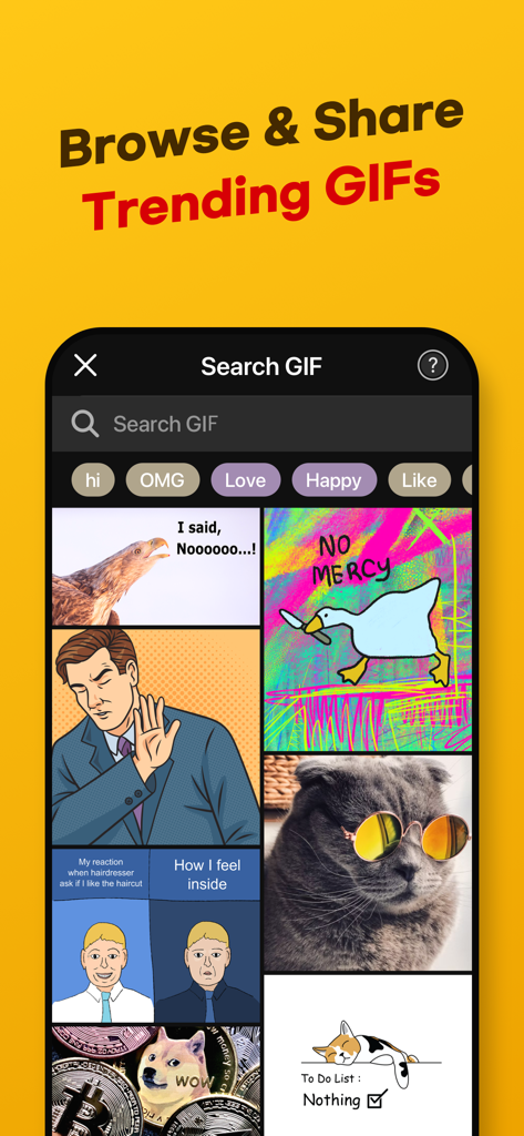 Interface of ImgPlay app displaying a library of trending GIFs and a search bar for memes