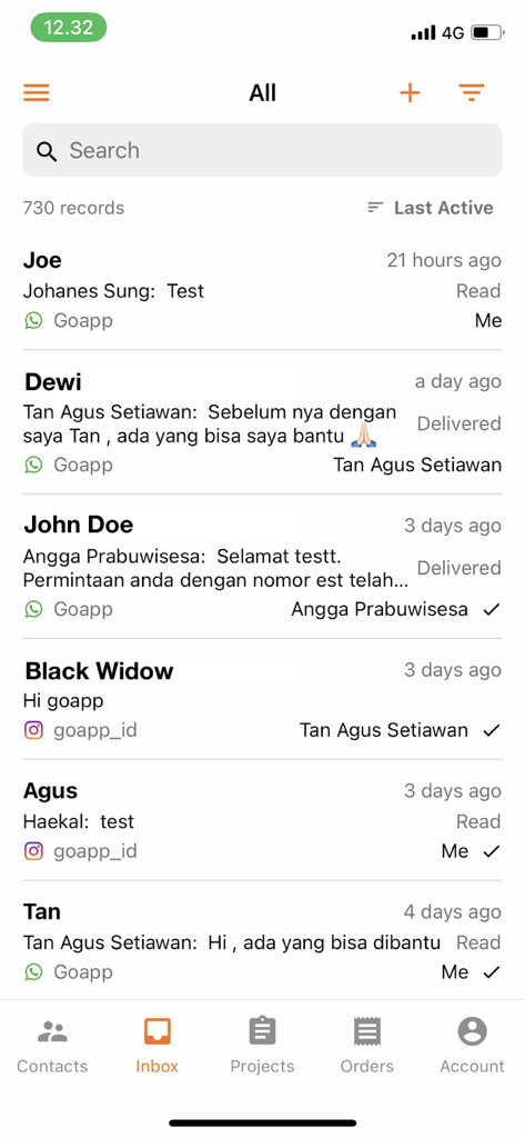 Goapp Mobile - Goapp Mobile app unified inbox showing consolidated customer messages from WhatsApp and Instagram