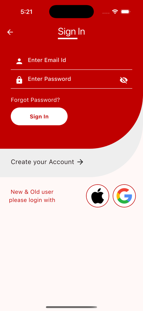 Charlie's PIZZA Restaurant - Sign in page of the Charlies Pizza Restaurant app with email and password fields
