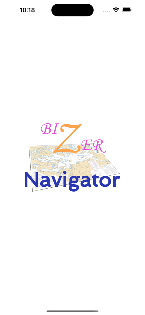 Bizer Navigator - Bizer Navigator splash screen featuring the app logo and a nautical map of Lake Winnipesaukee