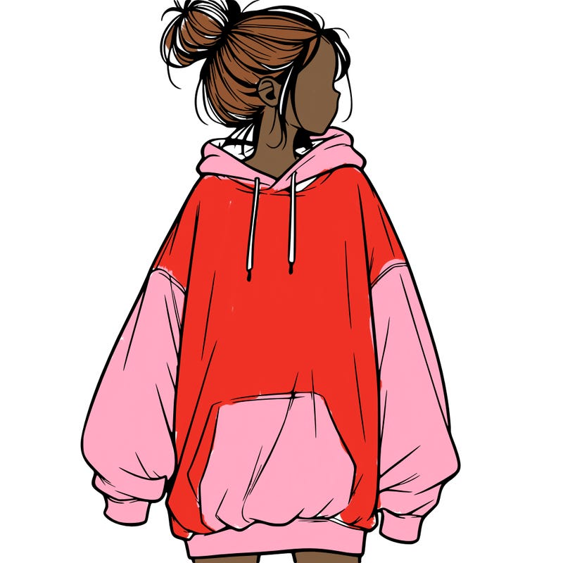 realistic girl with a oversized sweatshirt on and a bun