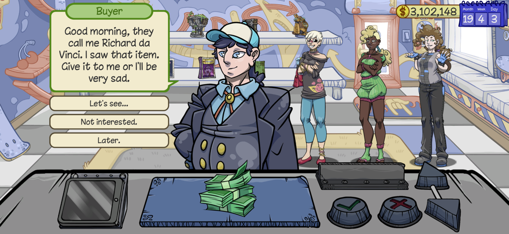 Dealer's Life 2 - A customer negotiating a deal at a pawn shop counter in Dealers Life 2