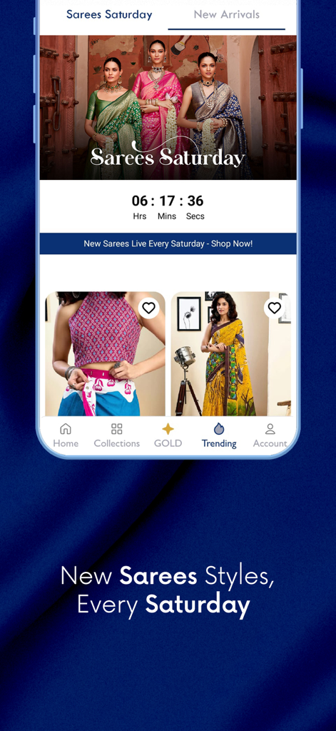 Interface do aplicativo Sudathi para comprar sarees de grife e novidades