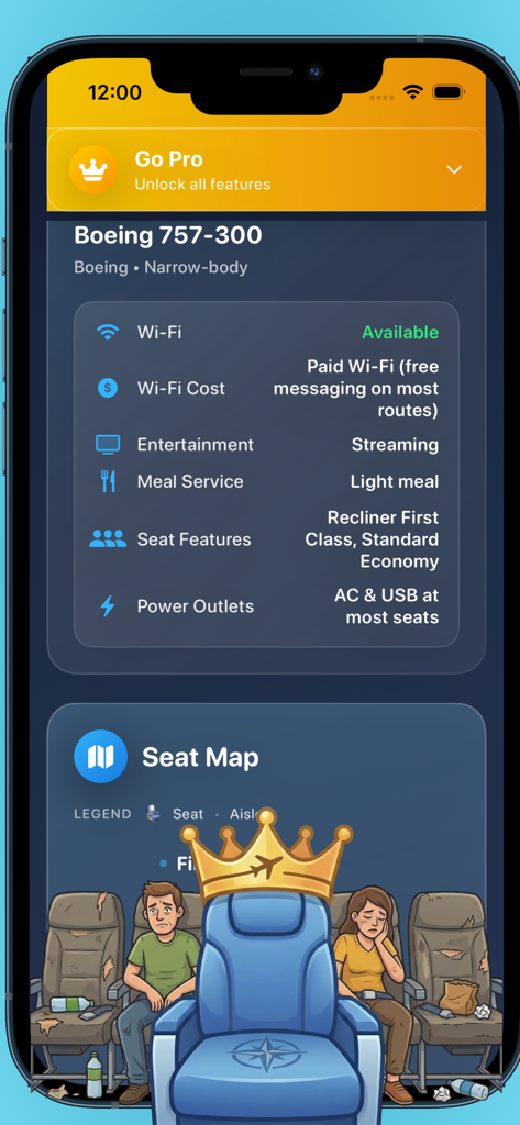 Boeing 757-300 aircraft specifications and seat map illustration on the Plane Seats app