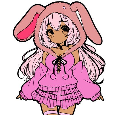 pretty anime girl wearing a fluffy hoodie with bunny ears on the hood and a skirt
