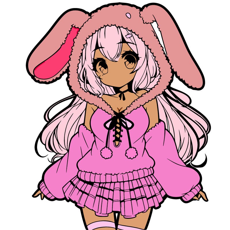 pretty anime girl wearing a fluffy hoodie with bunny ears on the hood and a skirt