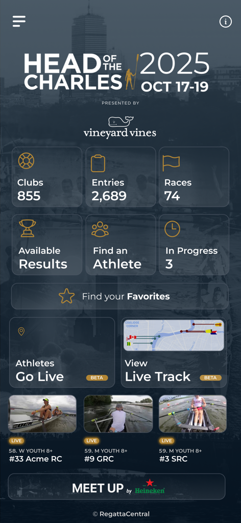Official Head Of The Charles Regatta app dashboard showing live race results and athlete tracking