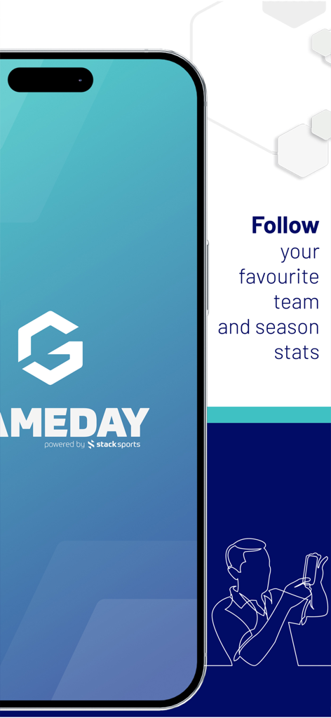 GameDay App - GameDay App promo screen showing options to follow sports teams and view season statistics.
