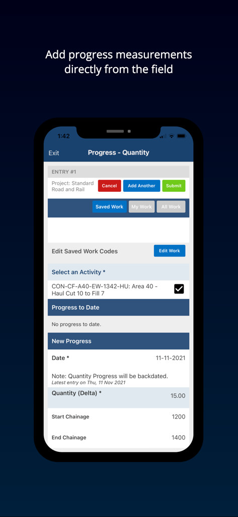 SYNCHRO Perform app screen showing field progress measurement and quantity entry for a construction project