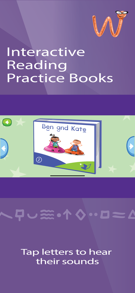 Read Nardagani: Learn to Read - Screenshot of the Read Nardagani app showing interactive reading practice books and an instruction to tap letters to hear their sounds
