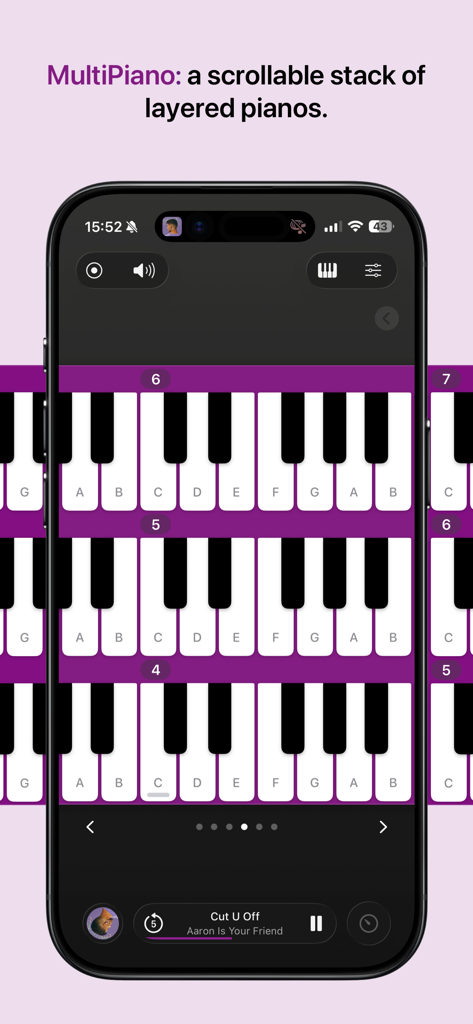 I Love a Piano - I Love a Piano app displaying the MultiPiano scrollable stack of layered keyboards on an iPhone screen.