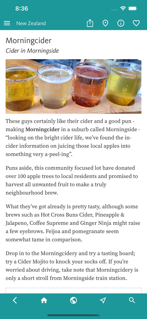 Una tabla de degustación de sidra con cuatro copas en Morningcider en Auckland