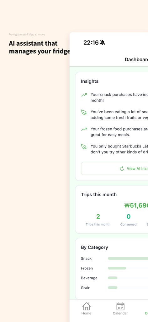 Panel de la aplicación Fridgi mostrando información de compras con IA y análisis de categorías de alimentos