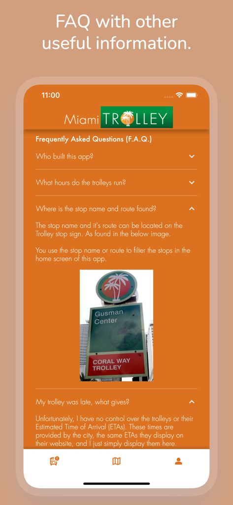 Miami Trolley Tracker - Frequently Asked Questions page of the Miami Trolley Tracker app with information on routes and stops