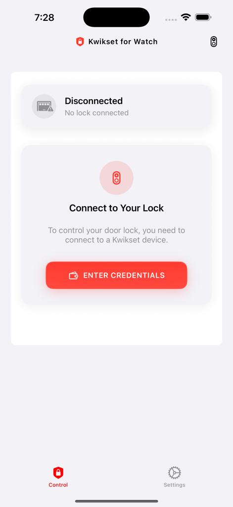Tela de configuração do aplicativo Kwikset Smart Lock on Watch com um prompt para conectar a uma fechadura e inserir credenciais