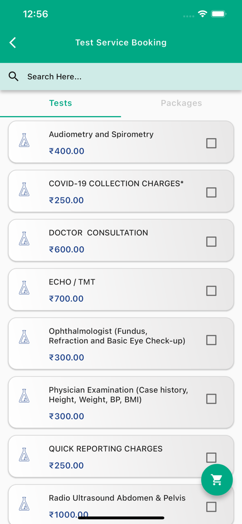 Aster Labs app screen showing a list of medical tests and services available for booking
