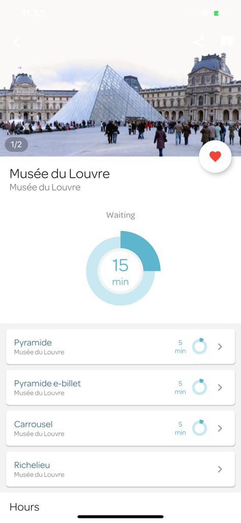 Affluences - Affluences app interface showing real-time waiting times for the Louvre Museum