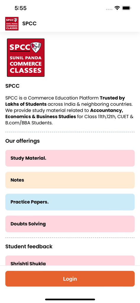 SPCC by Sunil sir - Home screen of the SPCC commerce education app showing study materials notes and practice papers