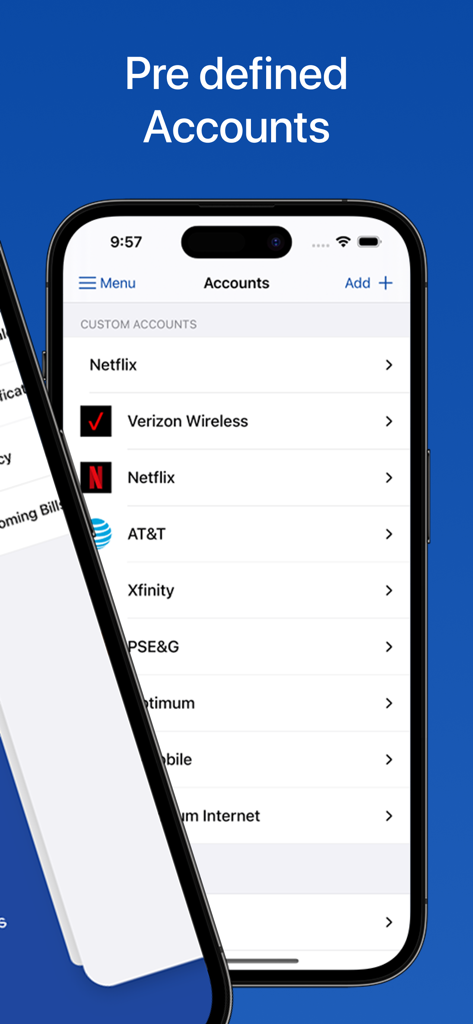 Bill Organizer & Reminder - Una lista de cuentas predefinidas en la aplicación Organizador de Facturas que muestra servicios como Netflix y Verizon Wireless.