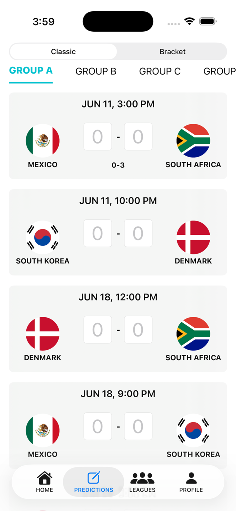 The WC 2026 Predictor app interface showing match score prediction fields for Group A games