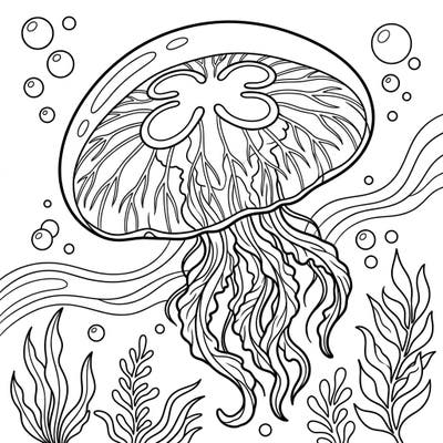 Embark on an aquatic journey with this captivating Moon Jellyfish coloring page, showcasing a magnificent creature amidst a serene underwater world. Explore the delicate details and bring this fascinating marine inhabitant to life with your favorite colors.