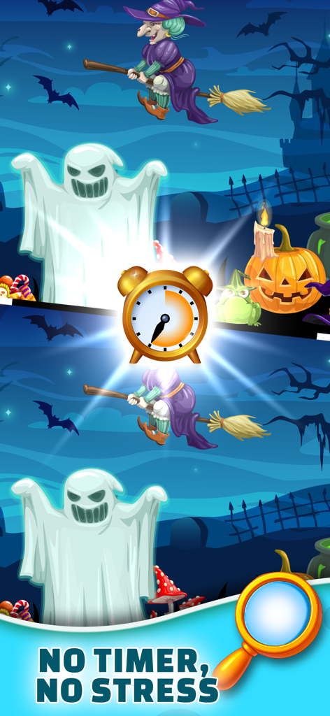 Differences Game - Find & Spot - Halloween themed spot the difference puzzle level showcasing the no timer stress free gameplay mode