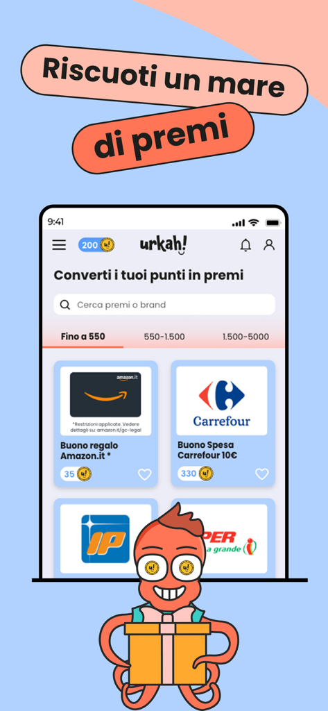 Urkah app screen showing points redemption for Amazon gift cards and grocery vouchers with a red cartoon mascot