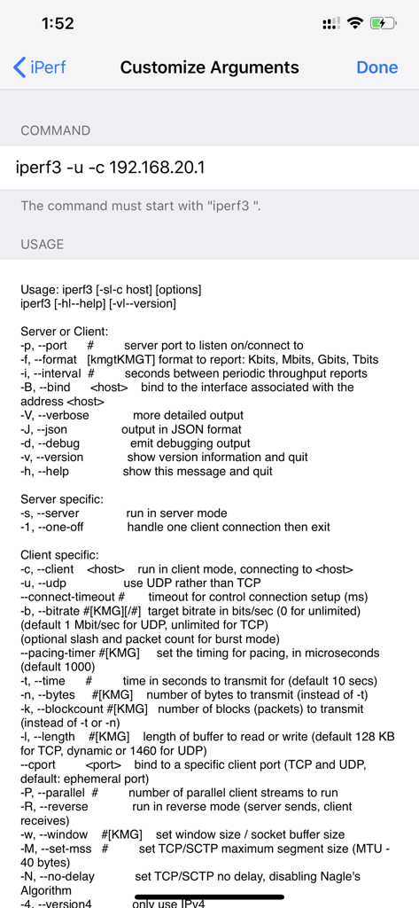 Uma tela técnica no aplicativo iPerf para personalizar argumentos de linha de comando com um guia de uso completo para iperf3.