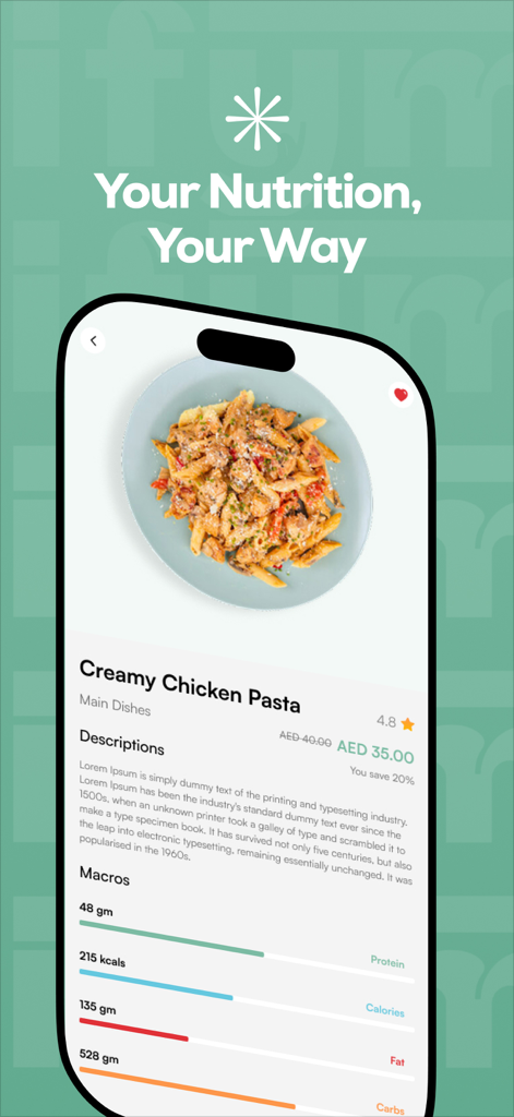 Interfaz de la app IIFYM que muestra una comida de Pasta Cremosa con Pollo y su desglose nutricional de macros para proteínas, calorías, grasas y carbohidratos