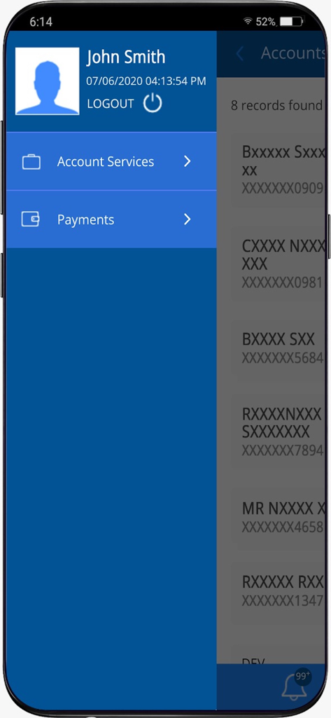 Side navigation menu of the HDFC Bank Corp mobile banking app showing account services and payments